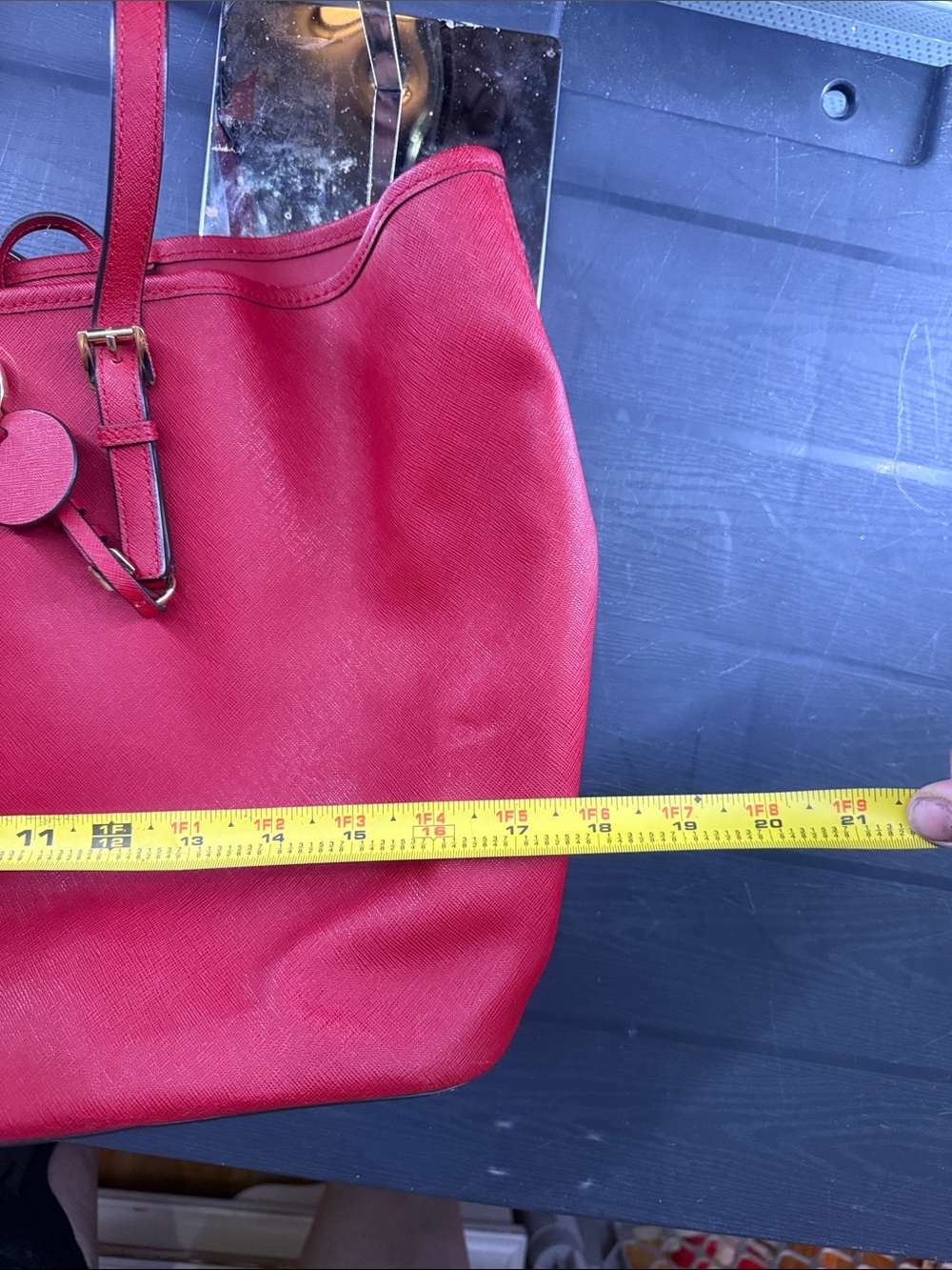 Michael Kors Bright Red Leather Tote with Gold MK Charm - Picture 11 of 16